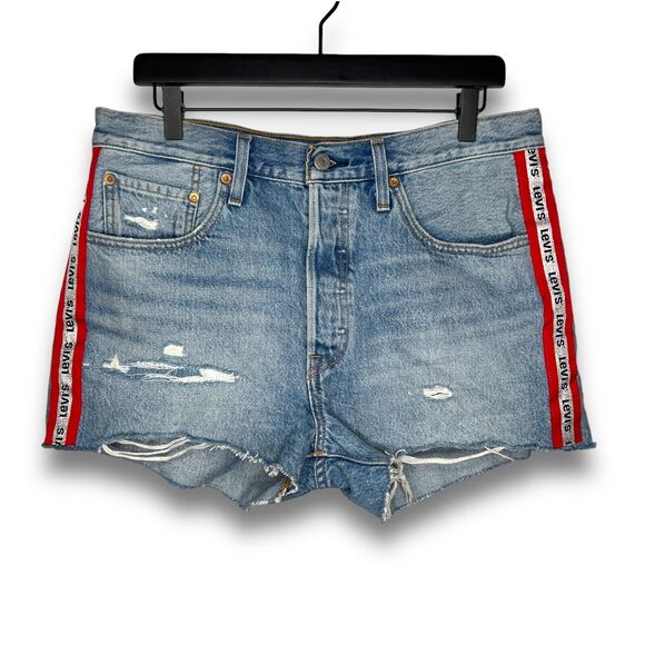 Levis Premium Womens 501 Denim Jean Short 30 Blue Cut Off Logo Stripe Button Fly - Picture 1 of 10